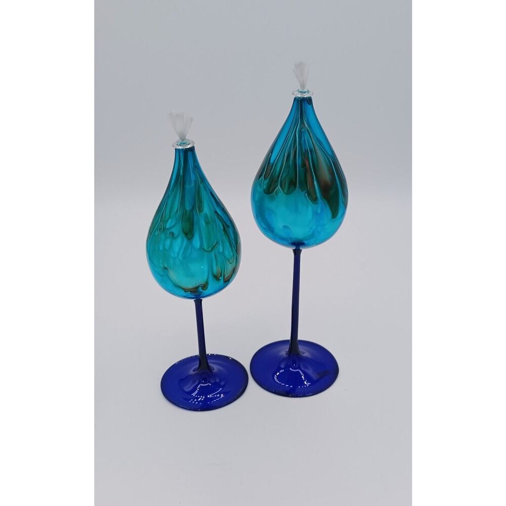 Vintage Hand Blown Art Glass Oil Bulb Wick Candle Stick Set ~ 8.5"H & 7.5"H